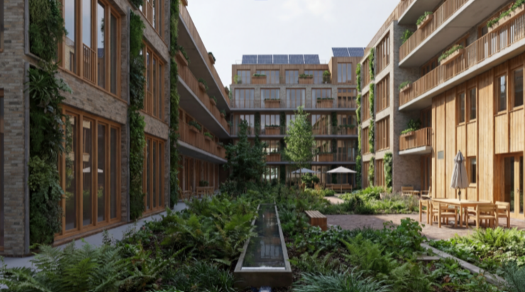 Binnenhof met houtbouw, zonnepanelen en waterloop