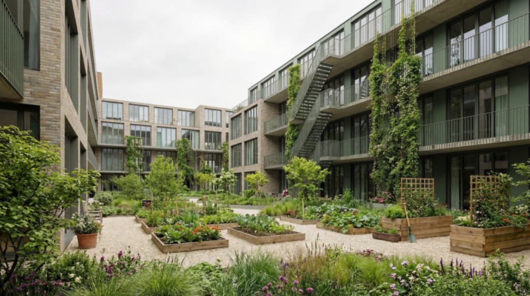 Binnentuin met moestuinen tussen appartementencomplexen