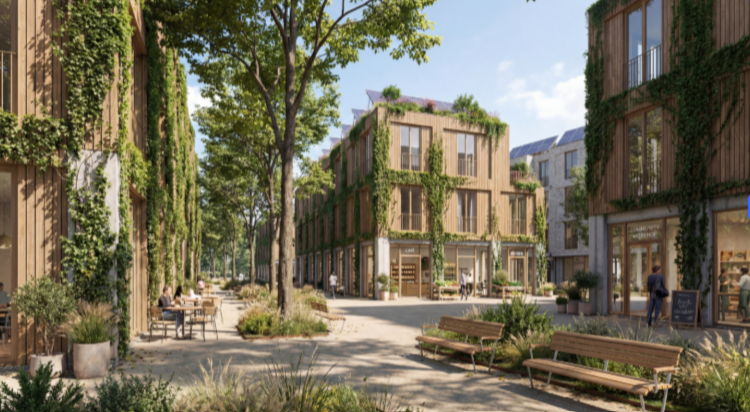 Groene woonstraat met terrassen en houten gevels